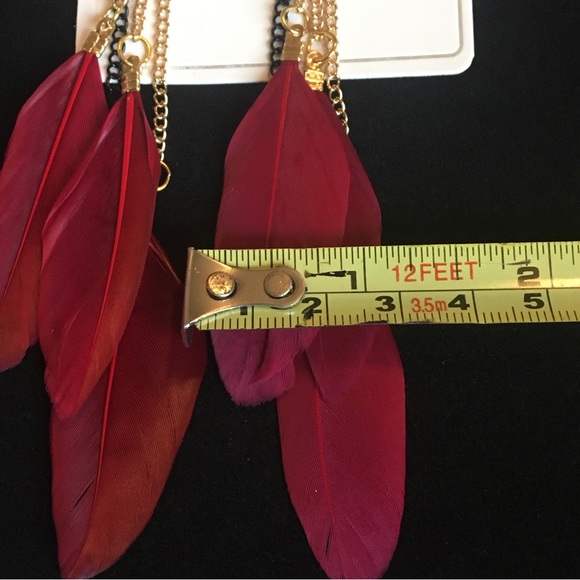 Burgundy Red Feather Long Dangle Earrings - Picture 6 of 8